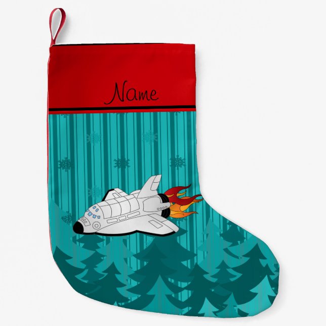 Custom name space shuttle turquoise christmas tree small christmas stocking (Front)