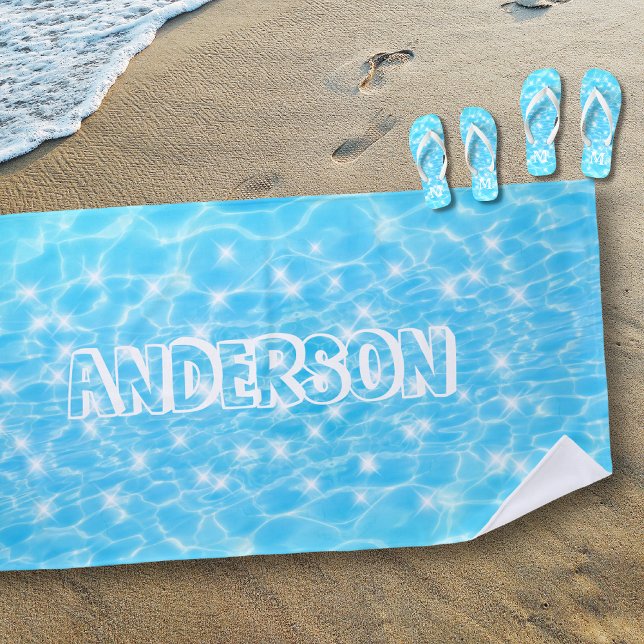 Custom Name Sparkling Blue Water Textures Cool Fun Beach Towel (Creator Uploaded)