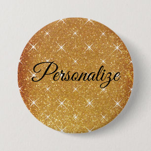 Custom name sparkly gold glitter large pinback 7.5 cm round badge