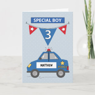 Custom Name Special Boy 3rd Birthday Police Car Card