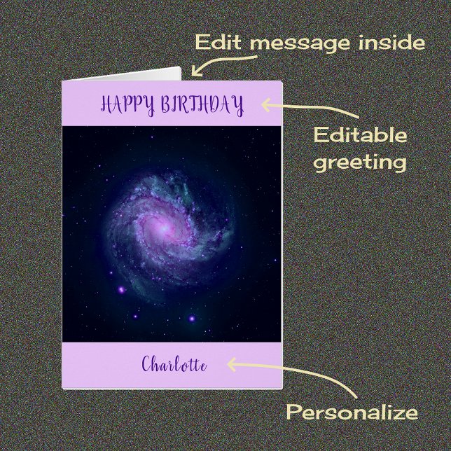 Custom name spiral galaxy birthday card (Creator Uploaded)