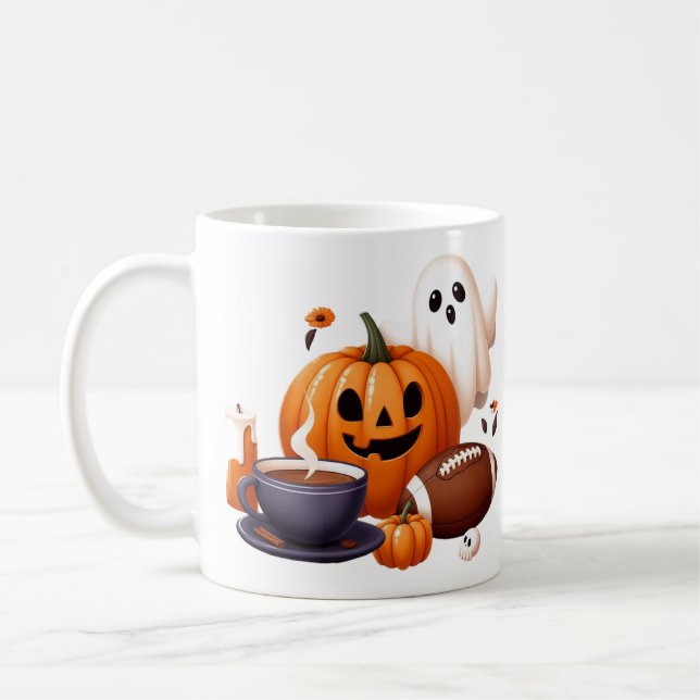 Custom name spooky Halloween ghost, football Coffee Mug (Left)