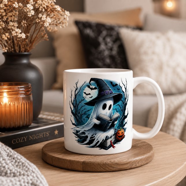 Custom name spooky Halloween ghost reading a book Coffee Mug (Creator Uploaded)