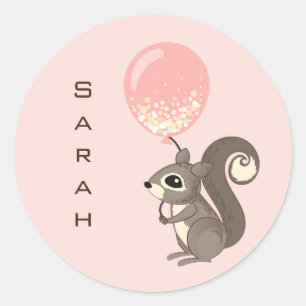 Custom Name Squirrel with Pink Balloon Classic Round Sticker