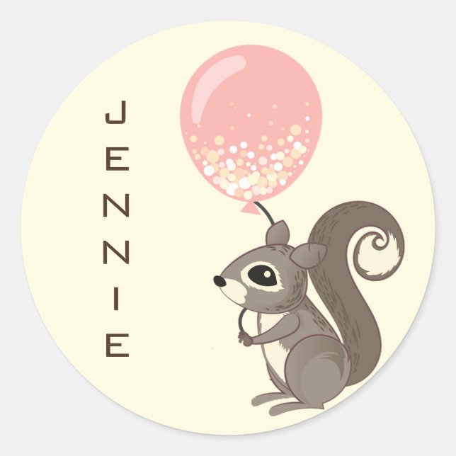 Custom Name Squirrel with Pink Balloon Classic Round Sticker (Front)