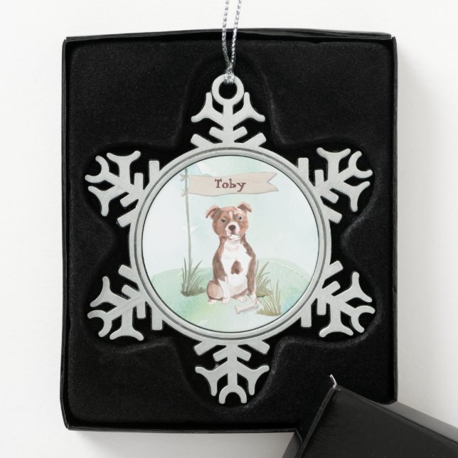 Custom Name Staffordshire Bull Terrier Pet Dog Snowflake Pewter Christmas Ornament (Box)
