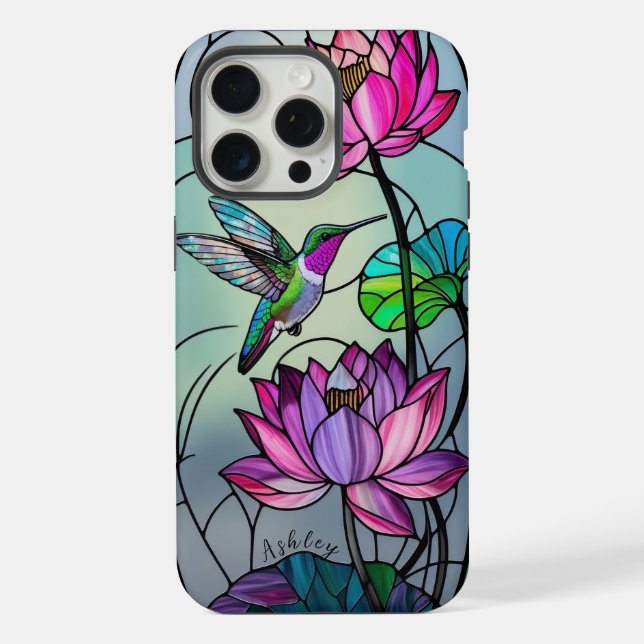 Custom Name Stained Glass Floral Hummingbird iPhone Case (Back)