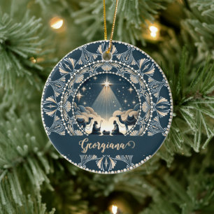 Custom Name Star of Wonder Nativity Dot Mandala Ceramic Ornament