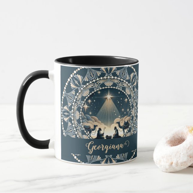 Custom Name Star of Wonder Nativity Dot Mandala Mug (With Donut)