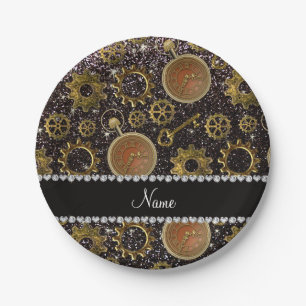 Custom name steampunk black glitter paper plate