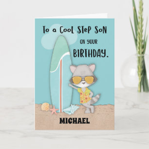 Custom Name Step Son Birthday Beach Funny Racoon Card