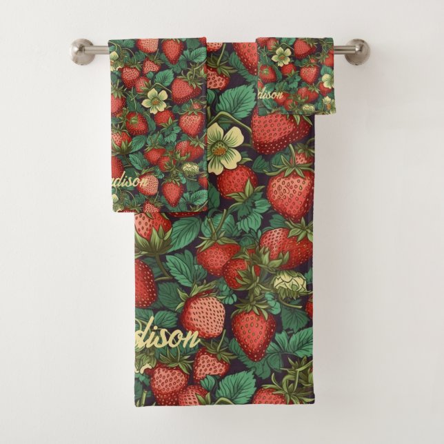 Custom Name Strawberry Pattern Bath Towel Set (Insitu)