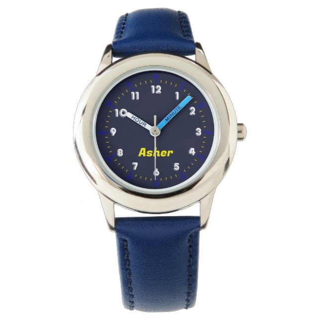 Custom Name Striking Futuristic Blue Kids Learning Watch (Front)