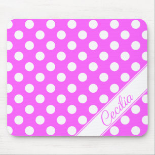 Custom Name Striking Pink Big White Polka Dots Mouse Pad