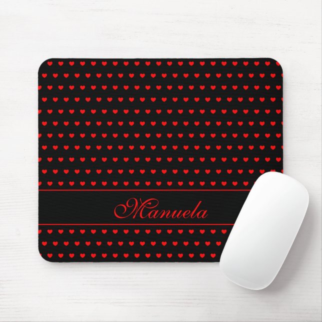 Custom Name - Striking Red Hearts Pattern On Black Mouse Pad (With Mouse)