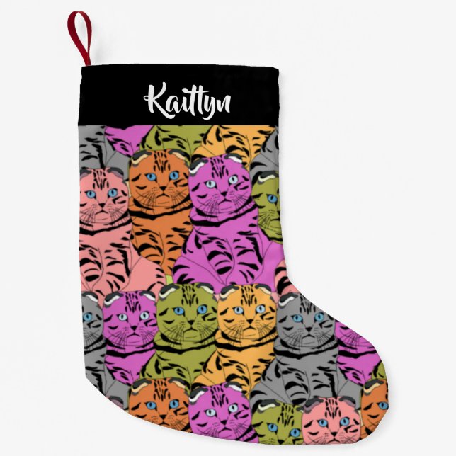 Custom name stripe kitties small christmas stocking (Front)
