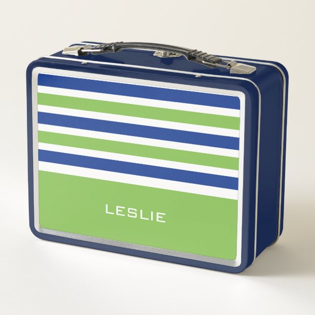 Custom Name Stripes Pattern Metal Lunch Box (Back)