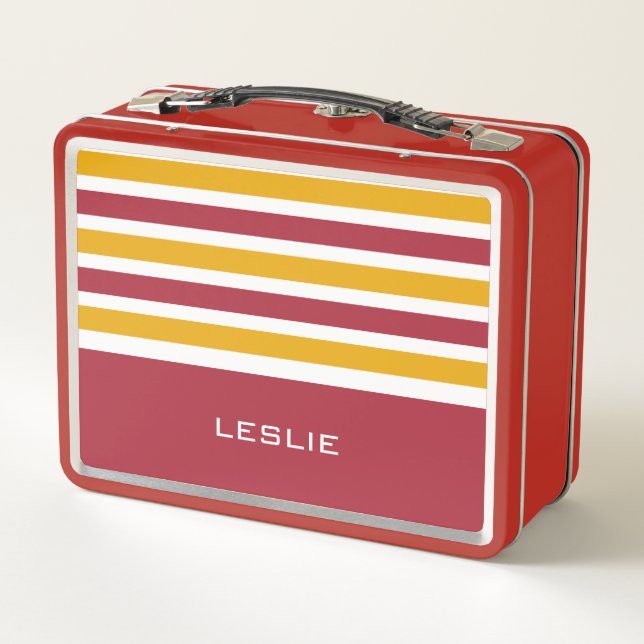 Custom Name Stripes Pattern Metal Lunch Box (Back)