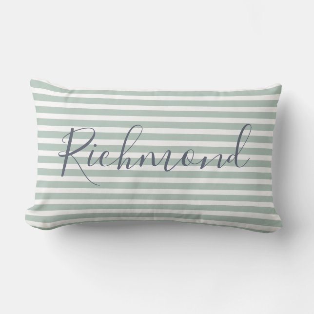Custom Name Stylish Green & White Stripes Pattern Lumbar Cushion (Front)