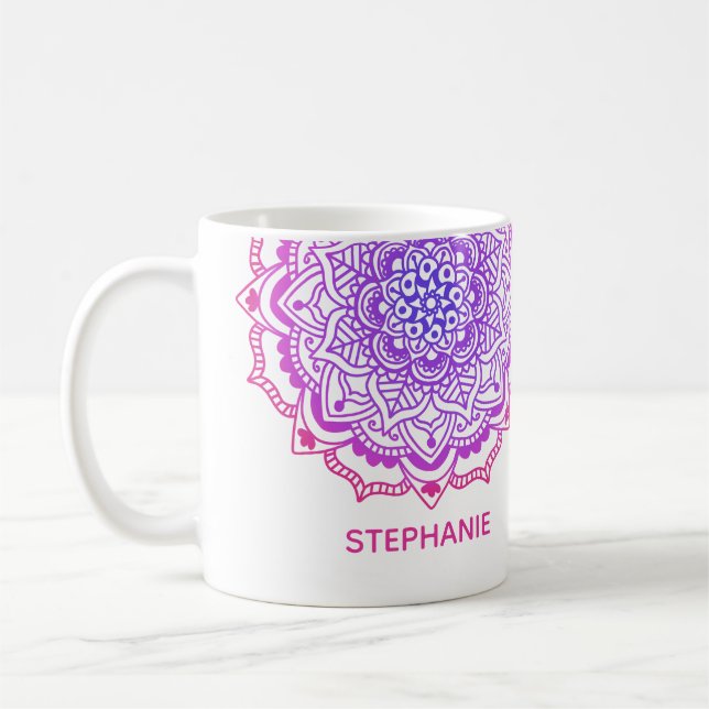 Custom Name Stylish Purple Pink Boho Mandala Coffee Mug (Left)