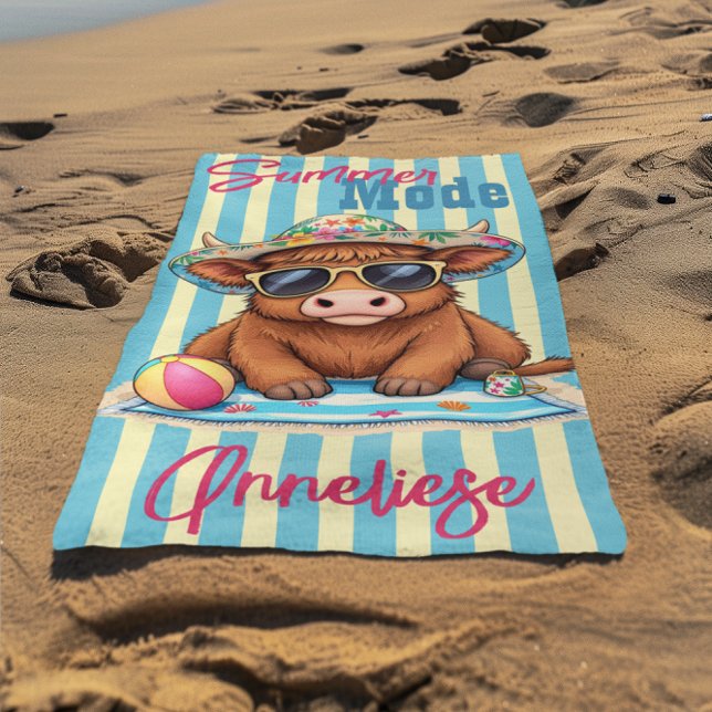 Custom Name "Summer Mode" Cute Vacation Design Beach Towel (Creator Uploaded)