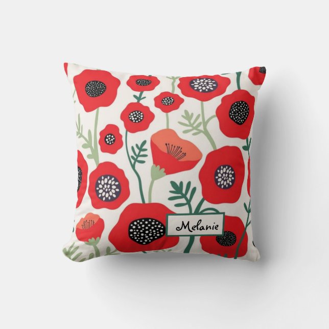 Custom name Summer poppy flowers botanical Cushion (Front)