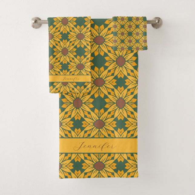 Custom Name Sunflower Pattern on Dark Green  Bath Towel Set (Insitu)