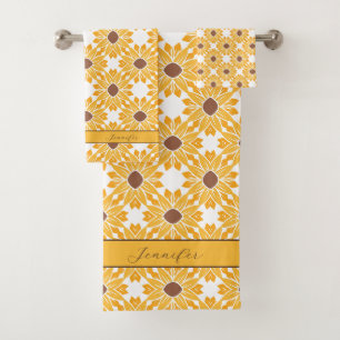 Custom Name Sunflower Pattern on White  Bath Towel Set
