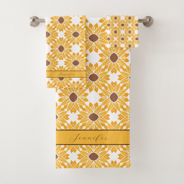 Custom Name Sunflower Pattern on White  Bath Towel Set (Insitu)