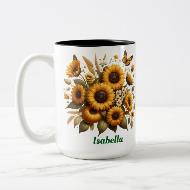Custom name, sunflowers Two-Tone coffee Mug, 15 oz Mug (Left)