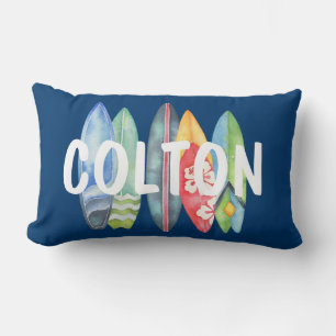 Custom Name Surboard Blue Lumbar Pillow