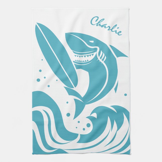 Custom Name Surfer Shark kitchen towel (Vertical)