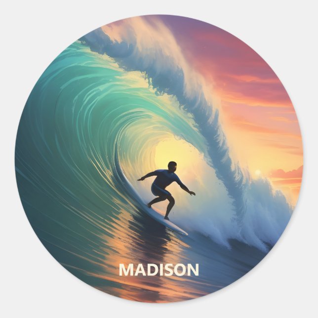 Custom Name Surfing Classic Round Sticker (Front)