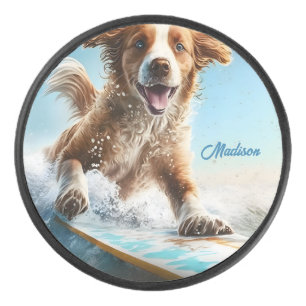 Custom Name Surfing Dog Hockey Puck