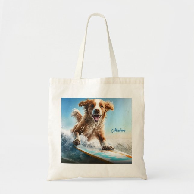 Custom Name Surfing Dog Tote Bag (Front)