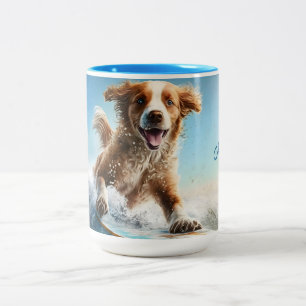 Custom Name Surfing Dog Two-Tone Coffee Mug