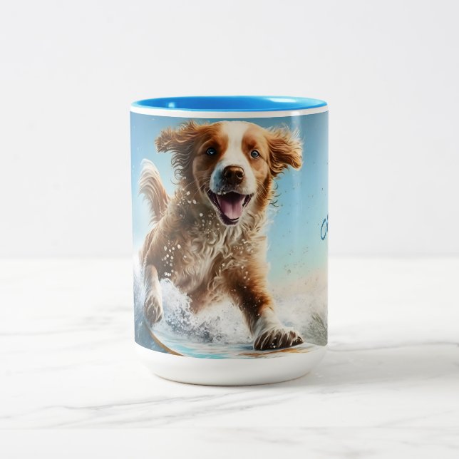 Custom Name Surfing Dog Two-Tone Coffee Mug (Center)