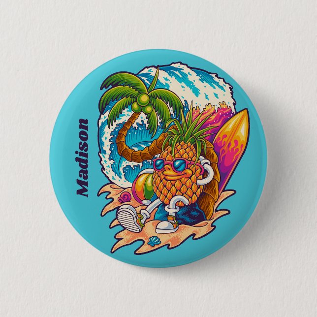 Custom Name Surfing Pineapple 6 Cm Round Badge (Front)