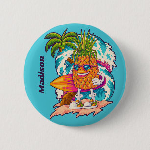 Custom Name Surfing Pineapple 6 Cm Round Badge