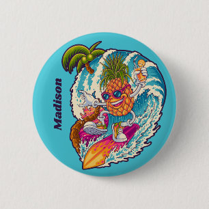 Custom Name Surfing Pineapple 6 Cm Round Badge