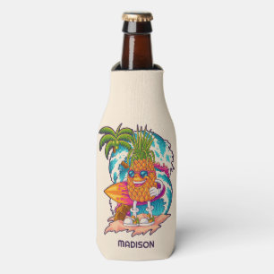 Custom Name Surfing Pineapple Bottle Cooler