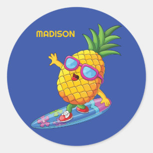 Custom Name Surfing Pineapple Classic Round Sticker