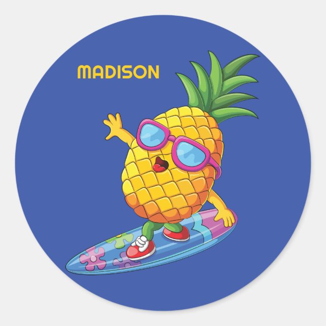 Custom Name Surfing Pineapple Classic Round Sticker (Front)