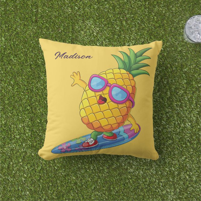 Custom Name Surfing Pineapple Cushion (Grass)