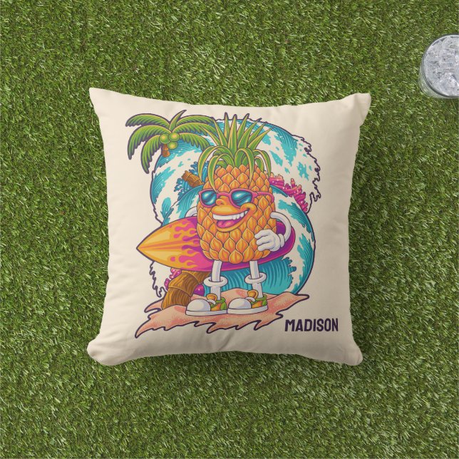 Custom Name Surfing Pineapple Cushion (Grass)