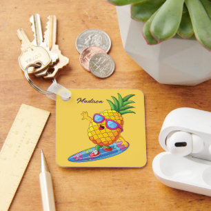 Custom Name Surfing Pineapple Key Ring