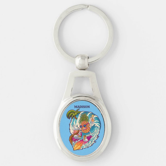 Custom Name Surfing Pineapple Key Ring (Front)