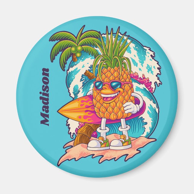 Custom Name Surfing Pineapple Magnet (Front)