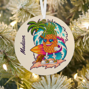 Custom Name Surfing Pineapple Metal Tree Decoration
