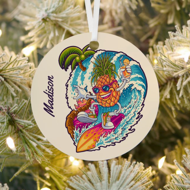 Custom Name Surfing Pineapple Metal Tree Decoration (Insitu)